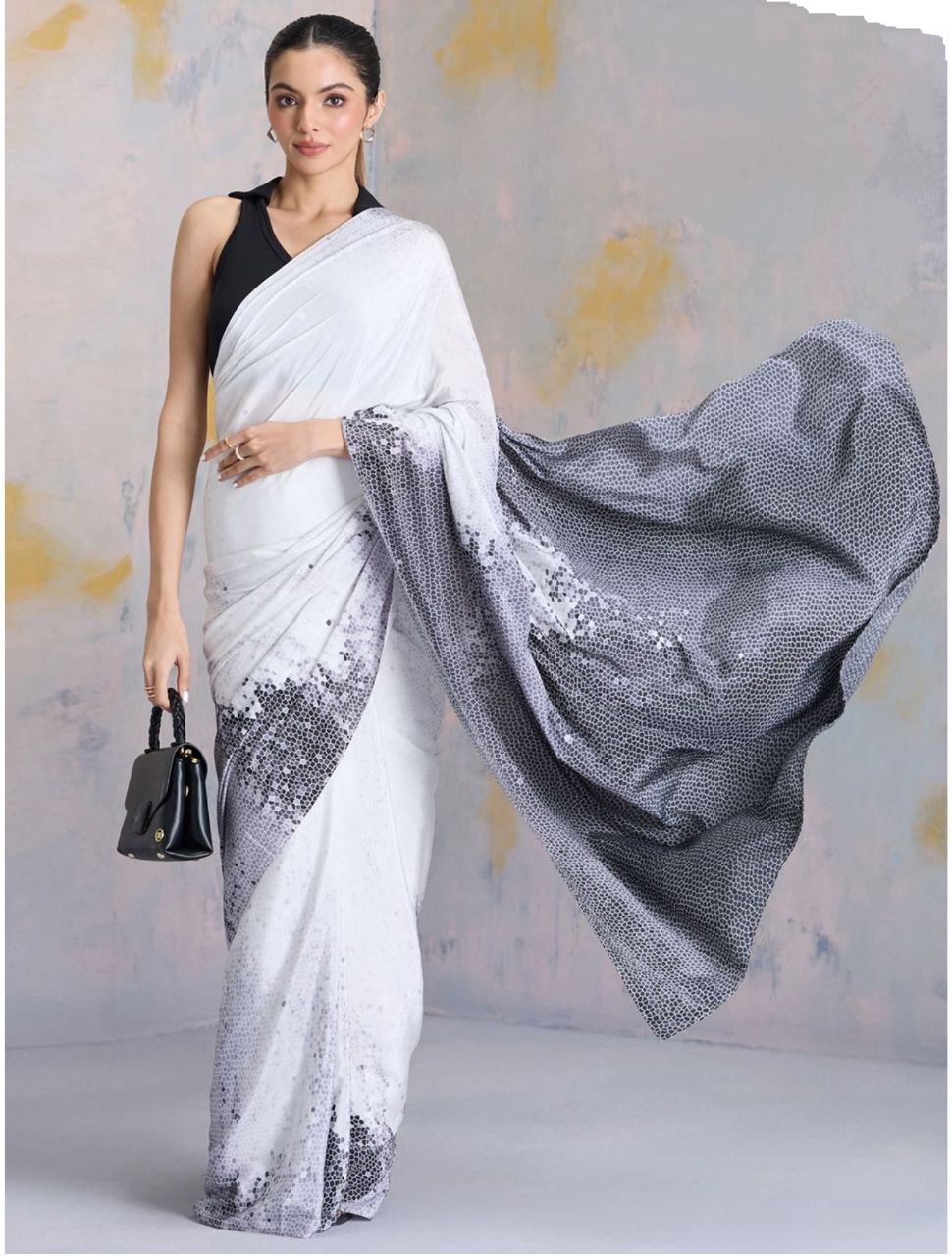 Women's White & Black Ombre Shaded Japan Satin Saree
