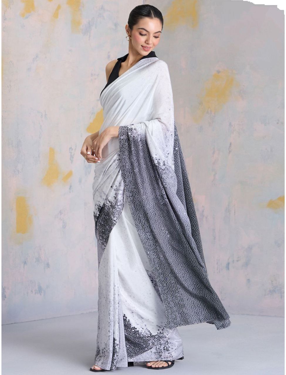 Women's White & Black Ombre Shaded Japan Satin Saree