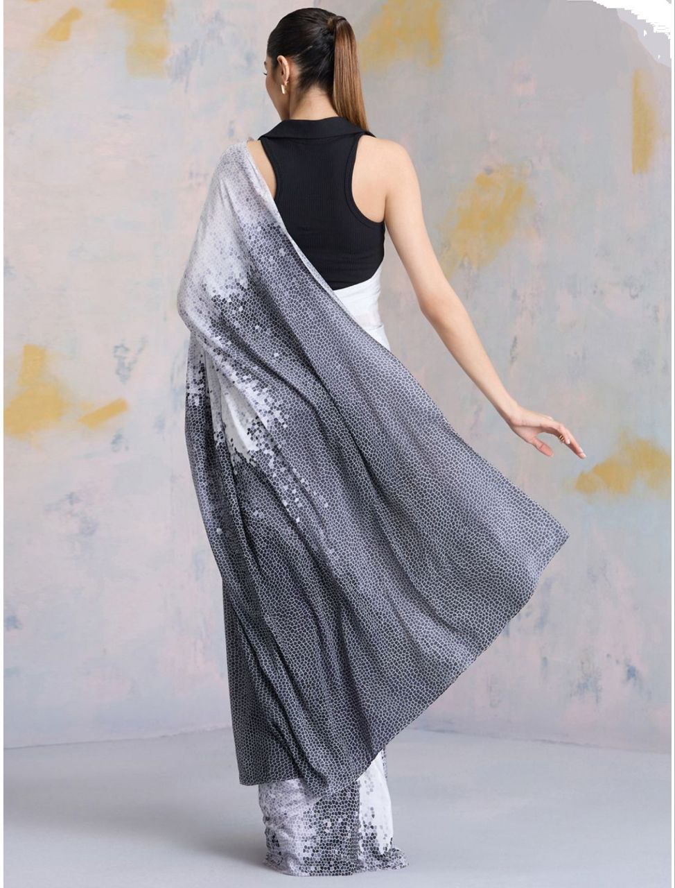 Women's White & Black Ombre Shaded Japan Satin Saree