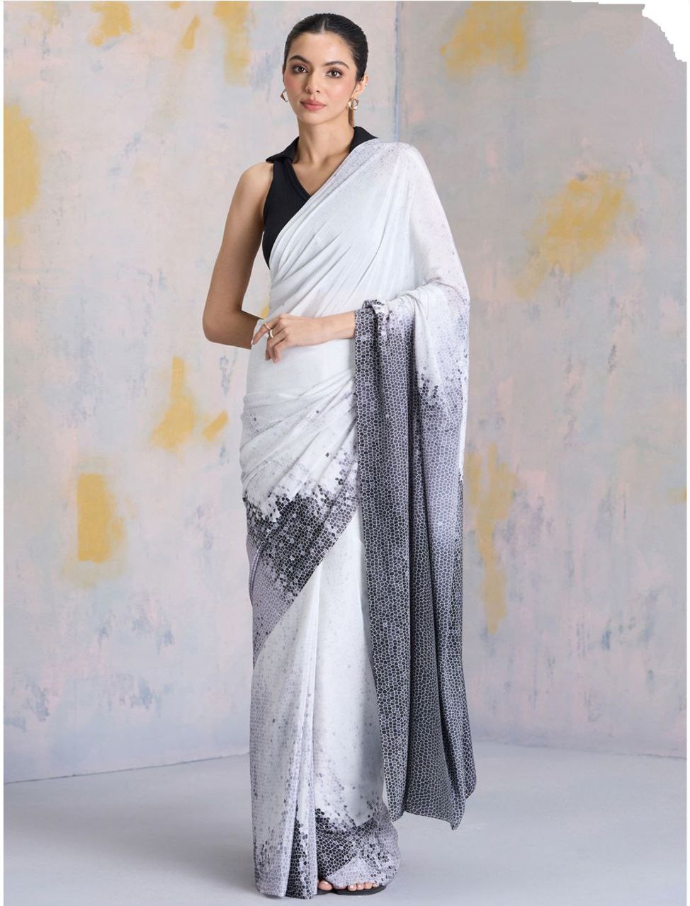 Women's White & Black Ombre Shaded Japan Satin Saree