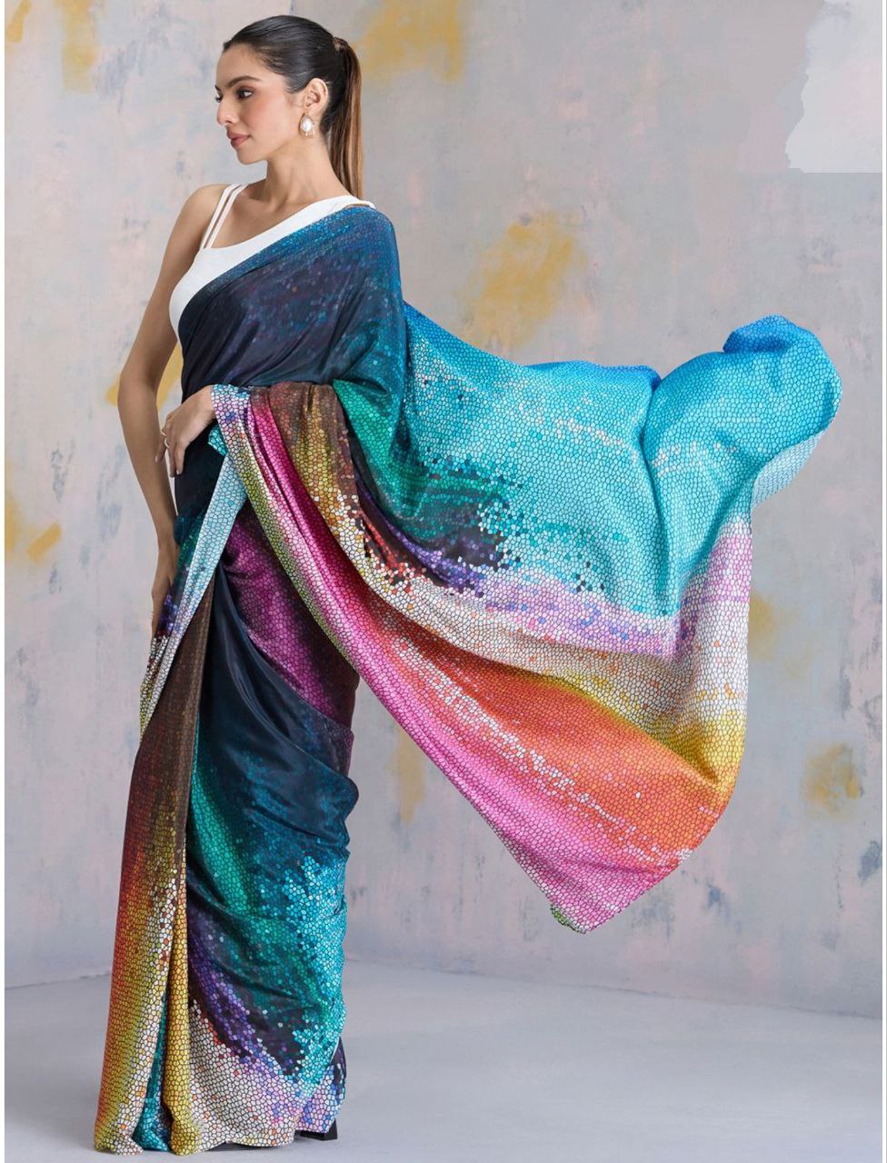 Women's White & Black Ombre Shaded Japan Satin Saree