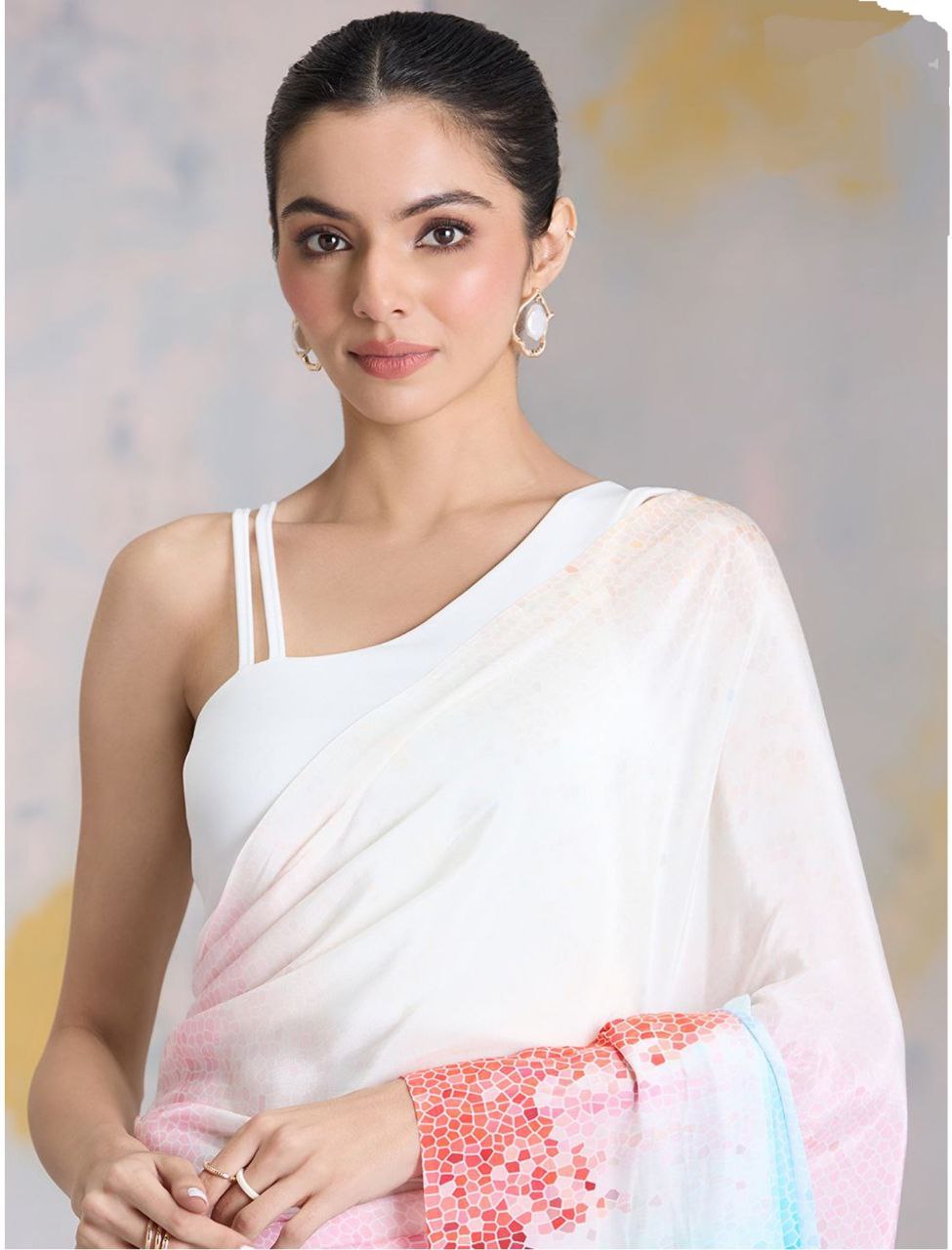 Women's White & Black Ombre Shaded Japan Satin Saree